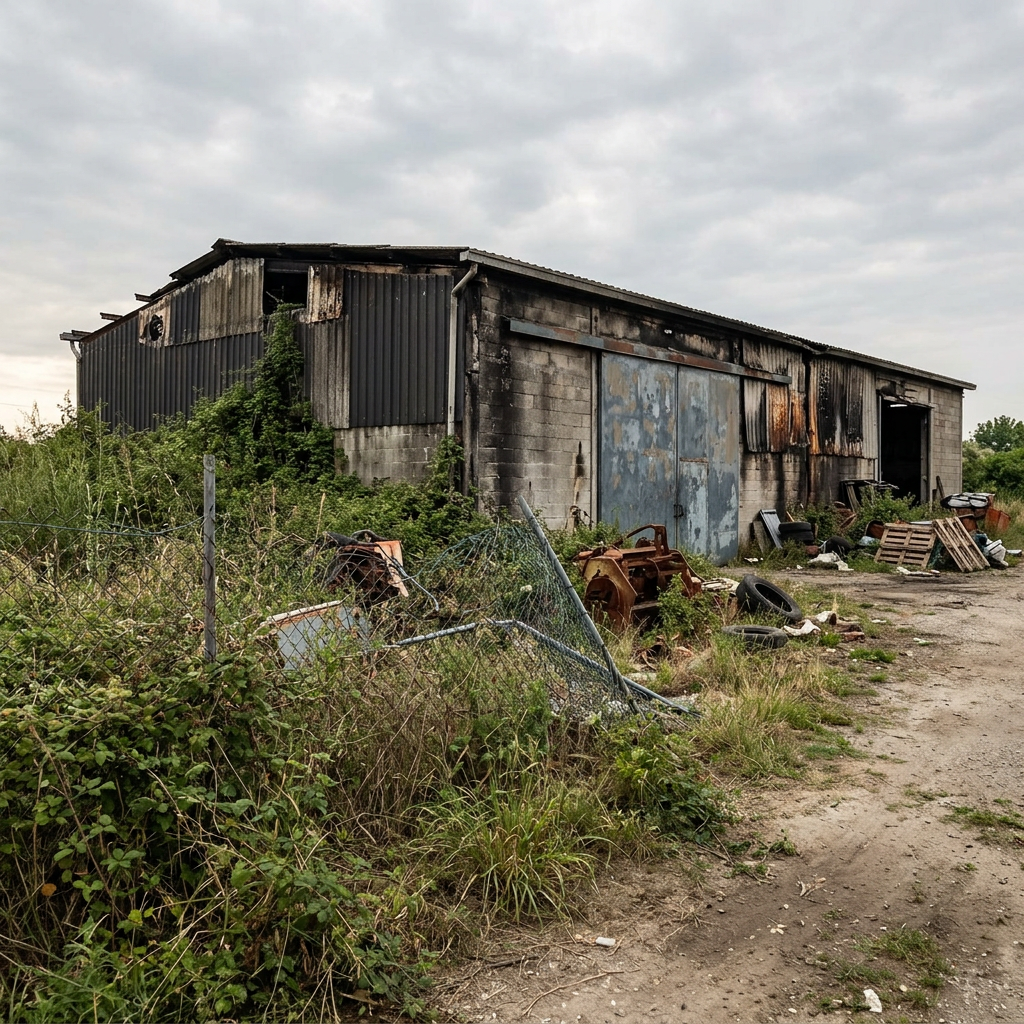 Abandoned industrial workshop with rusted machinery and overgrown vegetation